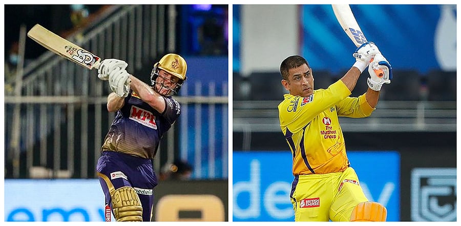 KKR captain Eoin Morgan and CSK captain MS Dhoni. Credit: PTI Photo