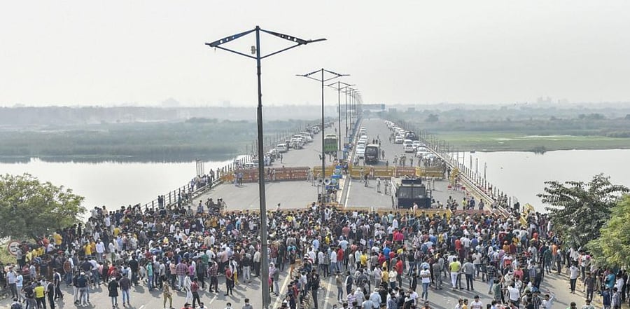 Gujjar community members gather on the DND flyway demanding justice for businessman Aman Baisla, in New Delhi, Thursday, Oct. 29, 2020. Credit: PTI Photo