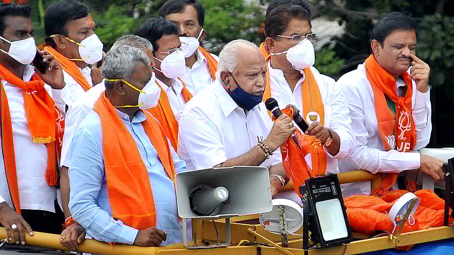 Chief Minister BS Yediyurappa, Revenue Minister R Ashoka along with senior BJP leaders campaign for RR Nagar BJP candidate Munirathna. Credits: DH Photo