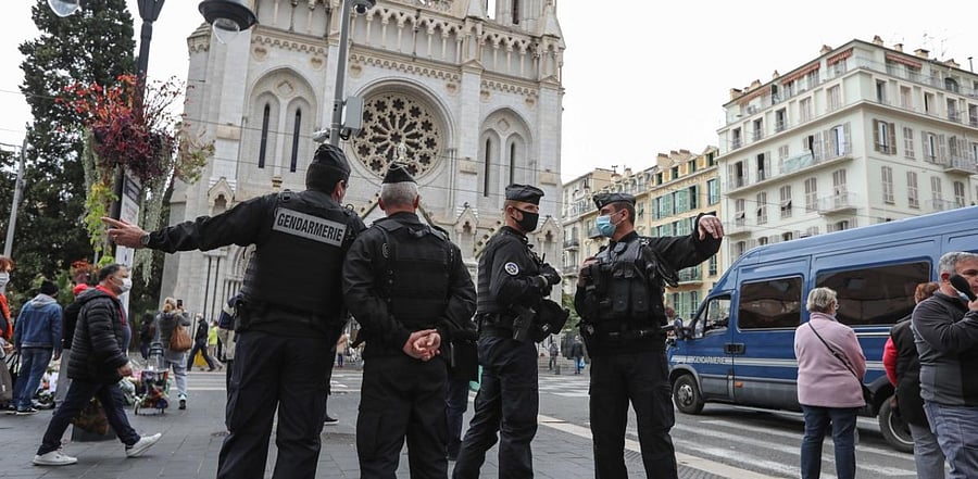 French gendarmes secure the area around the Notre-Dame de l'Assomption Basilica in Nice. Credit: AFP