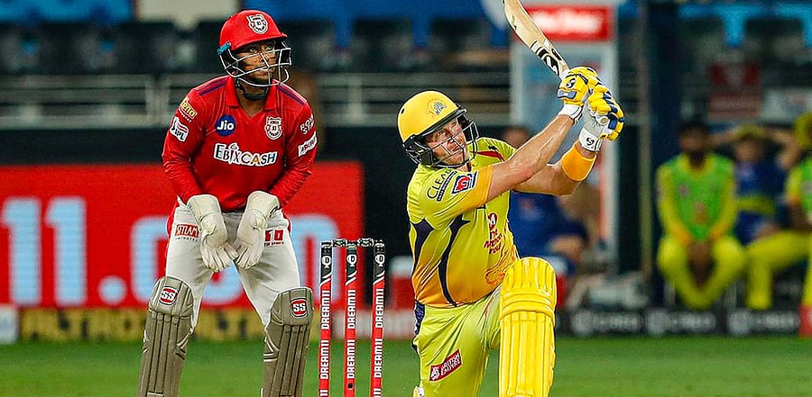 Chennai Super Kings player Shane Watson plays a shot against Kings XI Punjab, at Sharjah Cricket Stadium, UAE. Credit: PTI