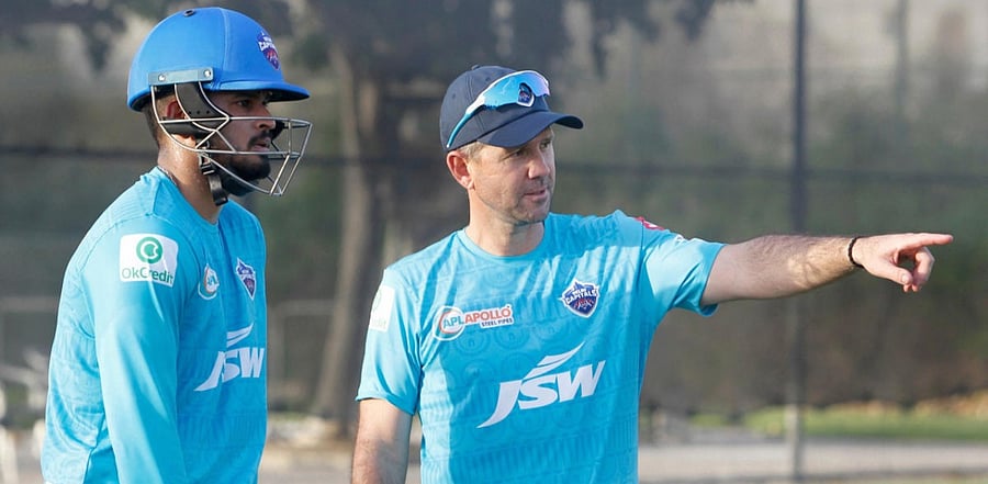 Head Coach Ricky Ponting and Captain Shreyas Iyer of Delhi Capitals during a practice session for IPL 2020, in Dubai. Credit: PTI