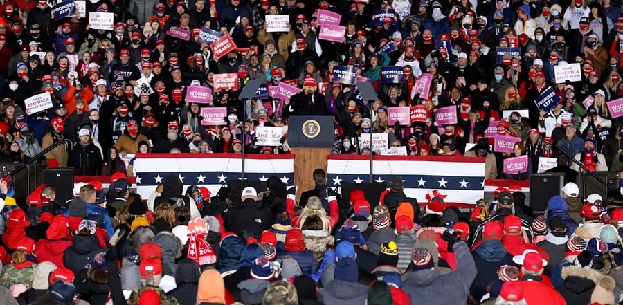 US President Donald Trump speaks during his final Make America Great Again rally of the 2020 US Presidential campaign at Gerald R. Ford International Airport on November 2, 2020, in Grand Rapids, Michigan. Credit: AFP.