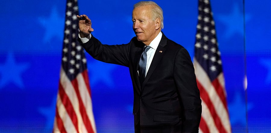 Democratic presidential candidate former Vice President Joe Biden waves to supporters, Tuesday, Nov. 3, 2020, in Wilmington, Del. Credit: AP/PTI Photo