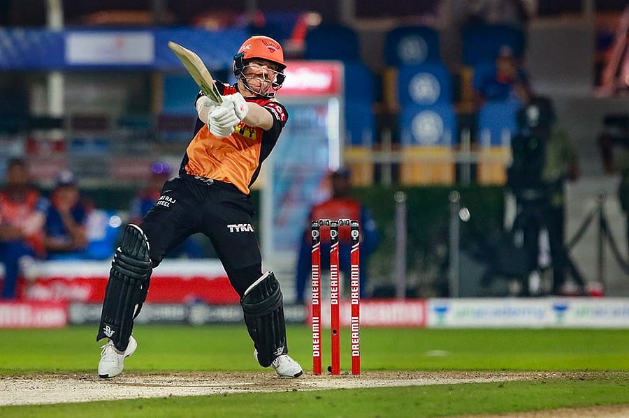 David Warner of Sunrisers Hyderabad plays a shot during Indian Premier League (IPL ) cricket match against Mumbai Indians. Credits: PTI Photo