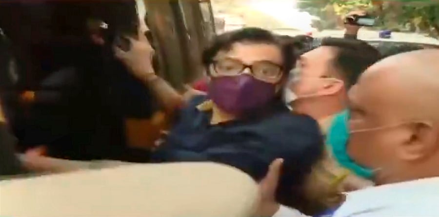 Republic TV Editor-in-Chief Arnab Goswami being arrested for allegedly abetting the suicide of a 53-year-old interior designer in 2018, in Mumbai. Credit: Twitter/@republic