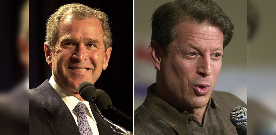 On election day, November 7, 2000, polls have Republican candidate Bush, governor of Texas, leading Democratic vice president Gore by a whisker. Credit: Getty Images