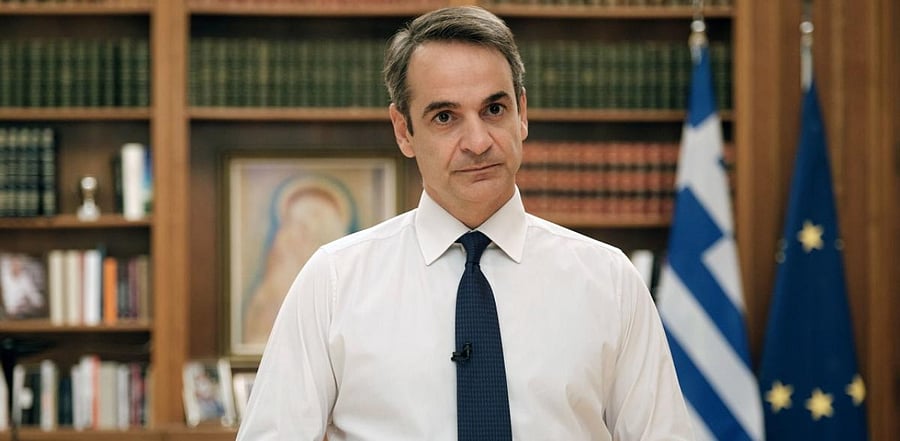 Greek Prime Minister Kyriakos Mitsotakis during a televised address to declare a one-month partial coronavirus lockdown. Credit: AFP