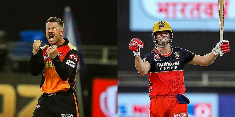 David Warner of Sunrisers Hyderabad (SRH) and AB de Villiers of Royal Challengers Bangalore (RCB). Credit: PTI