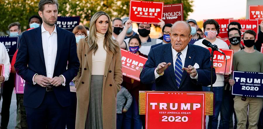 Rudy Giuliani, a lawyer for President Donald Trump, speaks during a news conference on legal challenges to vote counting in Pennsylvania. Credit: AP/PTI