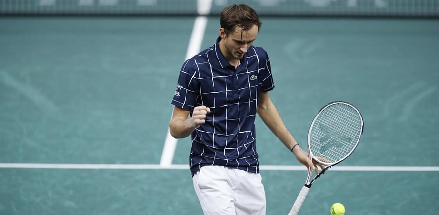 Russia's Daniil Medvedev celebrates after winning his semi final match against Canada's Milos Raonic. Credit: Reuters