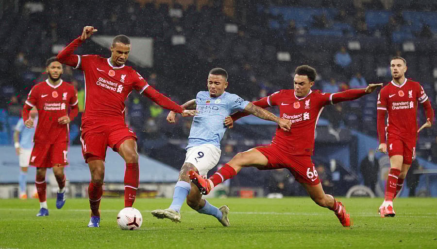 Manchester City's Gabriel Jesus scores their first goal. Credit: Reuters