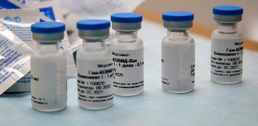 Bottles with Russia's "Sputnik-V" vaccine against the coronavirus disease. Credit: Reuters Photo