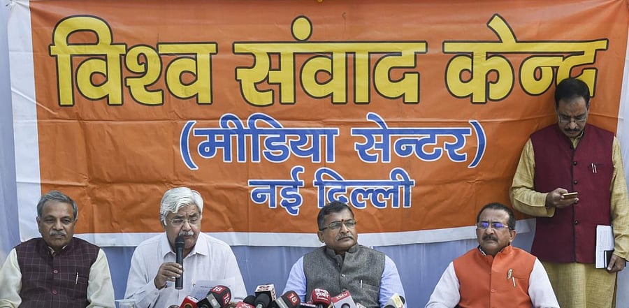 Vishva Hindu Parishad (VHP)'s Working President Alok Kumar addresses the media. Credit: PTI