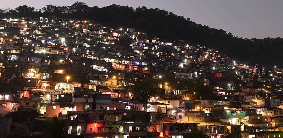 A slum colony illuminated with lanterns and lights on the eve of the Diwali festival, in Mumbai. Credit: PTI Photo