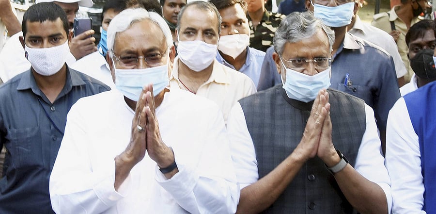 Bihar Chief Minister and Janata Dal (United) President Nitish Kumar with Deputy CM Sushil Kumar Modi after a meeting, in Patna. Credit: PTi