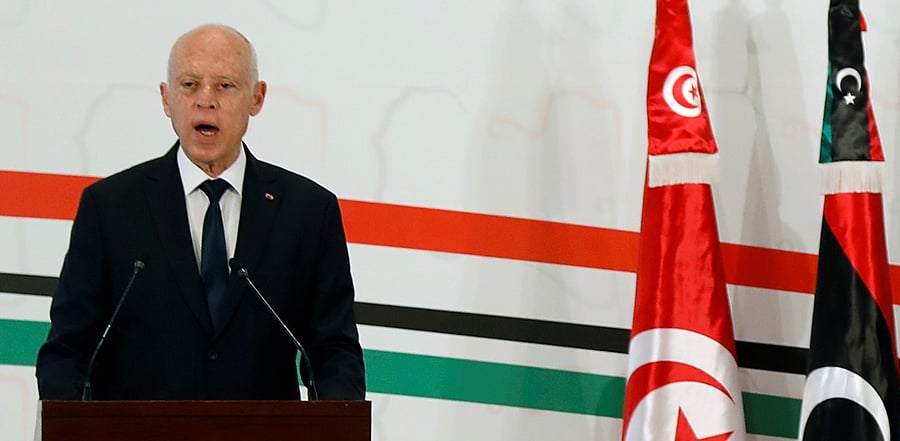 Tunisia's President Kais Saied speaks during the Libyan Political Dialogue Forum in Tunis. Credit: Reuters Photo