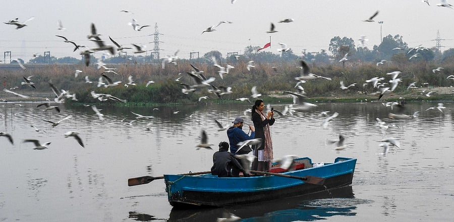 People ride on a boat near the banks of the Yamuna River early morning in New Delhi. Credit: AFP Photo