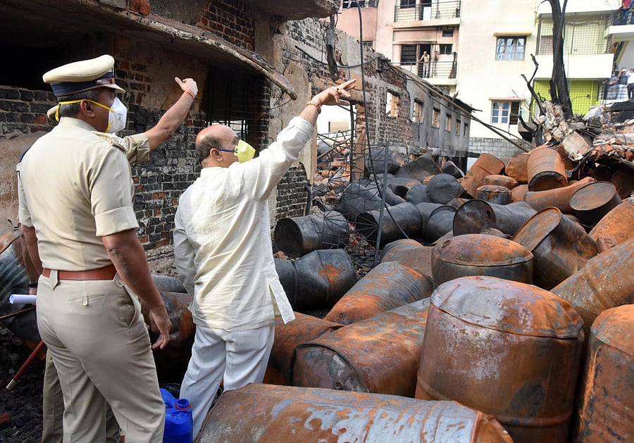 Home Minister Basavaraj Bommai inspects the scene of the massive explosion at Hosaguddadahalli, Mysuru Road, Bengaluru, on November 11. Credit: DH Photo/Anup Ragh T