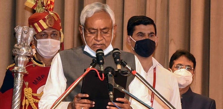 Janta Dal-United National President Nitish Kumar takes oath as the Chief Minister of Bihar at Raj Bhavan in Patna. Credit: PTI
