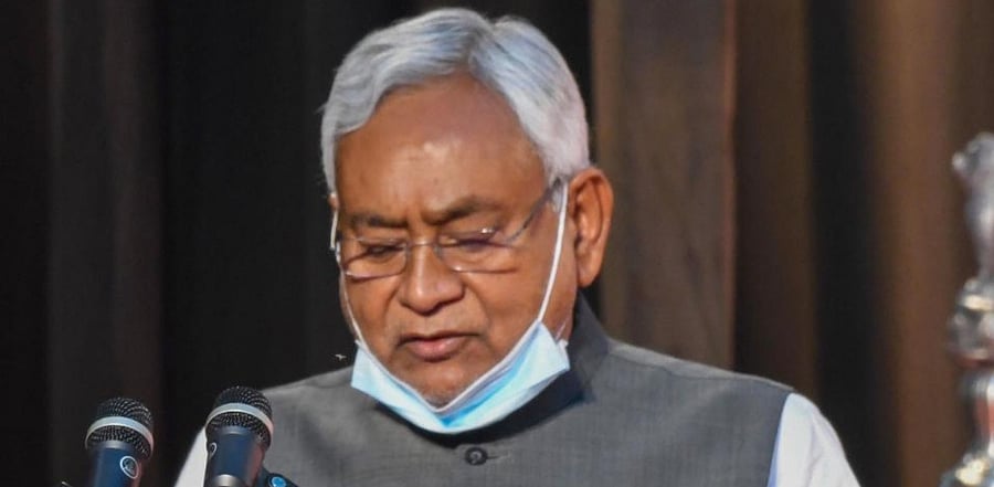 Janta Dal-United National President Nitish Kumar takes oath as the Chief Minister of Bihar at Rajbhawan in Patna, Monday, Nov. 16, 2020. Credit: PTI Photo