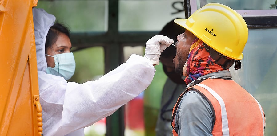A health worker collects swab sample from a worker for Covid-19 test in Chennai. Credit: PTI