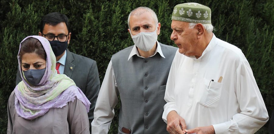 Members of People's Alliance for Gupkar Declaration Farooq Abdullah, Mehbooba Mufti, Omar Abdullah. Credit: PTI Photo