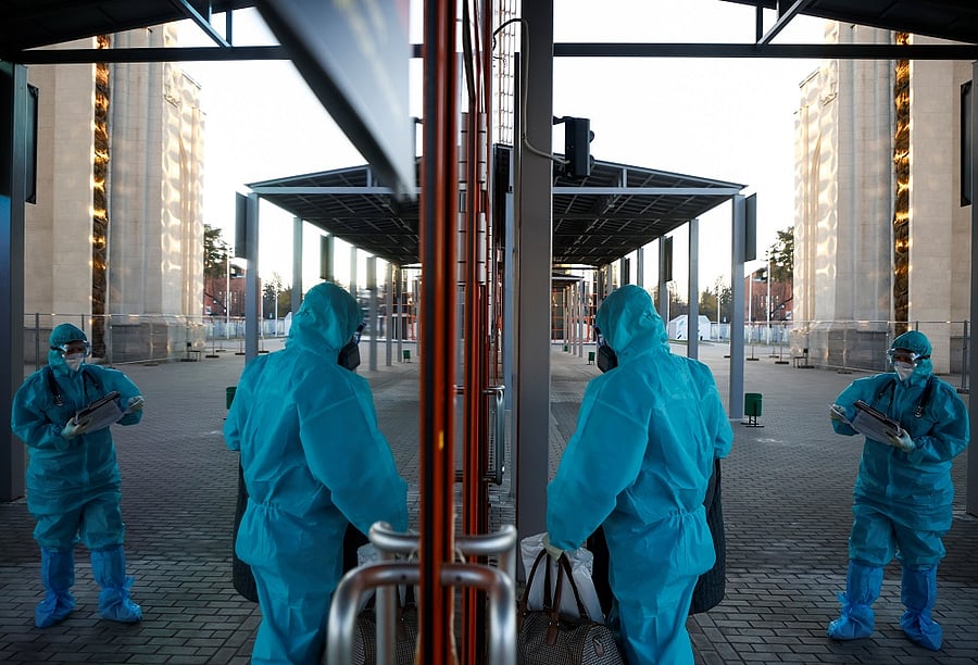 Temporary hospital for Covid-19 patients inside exhibition pavilion in Moscow. Credit: Reuters Photo