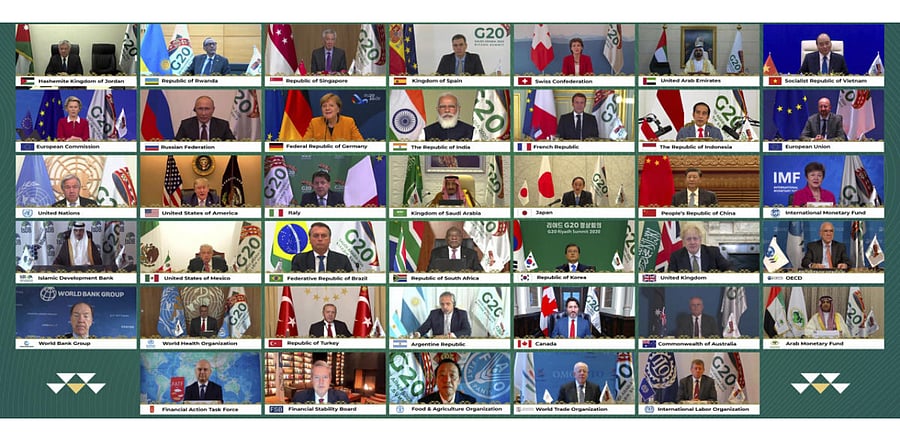 Saudi King Salman, center, and the rest of world leaders during a virtual G20 summit hosted by Saudi Arabia and held over video conference amid the Covid-19 pandemic, in Riyadh, Saudi Arabia. Credit: AP Photo