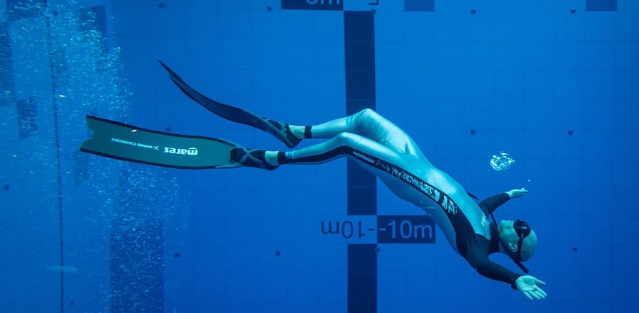 A diver is seen in the deepest pool in the world with 45.5-metre (150-foot) located in Mszczonow about 50 km from Warsaw. Credit: AFP Photo