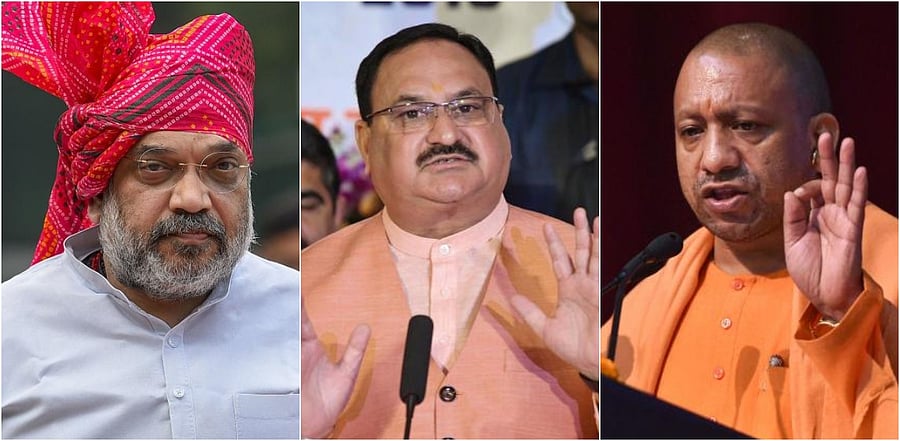 Amit Shah, J P Nadda and Yogi Adityanath. Credit: DH Collage