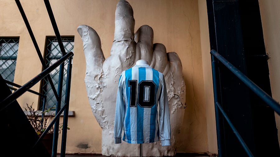 Football jersey of the Argentinian legend Diego Armando Maradona. Credit: AFP Photo