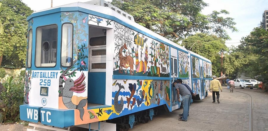 View of a tram modified into a mobile art gallery, where work by various artists will be displayed as it runs across the city, in Kolkata. Credit: PTI Photo