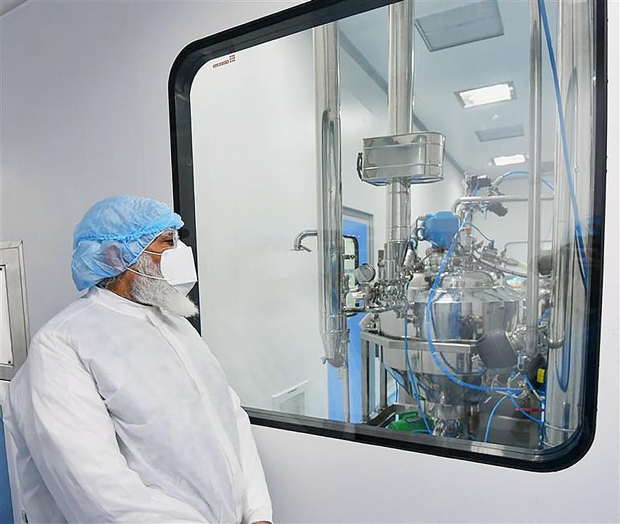 Prime Minister Narendra Modi visis the Zydus Biotech Park to review the development of COVID-19 vaccine, in Ahmedabad, Saturday, Nov. 28, 2020. Credit: PTI Photo