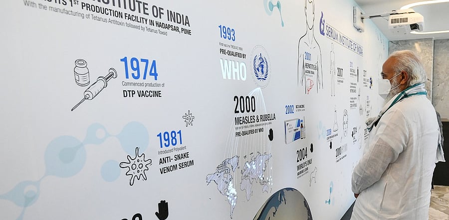 Prime Minister Narendra Modi visiting the Serum Institute of India to review the Covid-19 coronavirus vaccine development, in Pune. Credit: AFP Photo