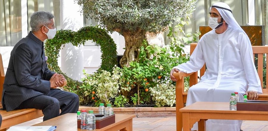 External Affairs Minister S Jaishankar called on UAE's Prime Minister Sheikh Mohammed bin Rashid Al Maktoum. Credit: Twitter Photo/@DrSJaishankar