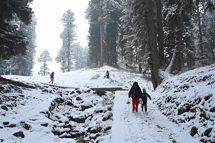 Kashmiri children walk during a snowfall in Yusmarg, some 55 Km from Srinagar on November 23, 2020. Credit: AFP