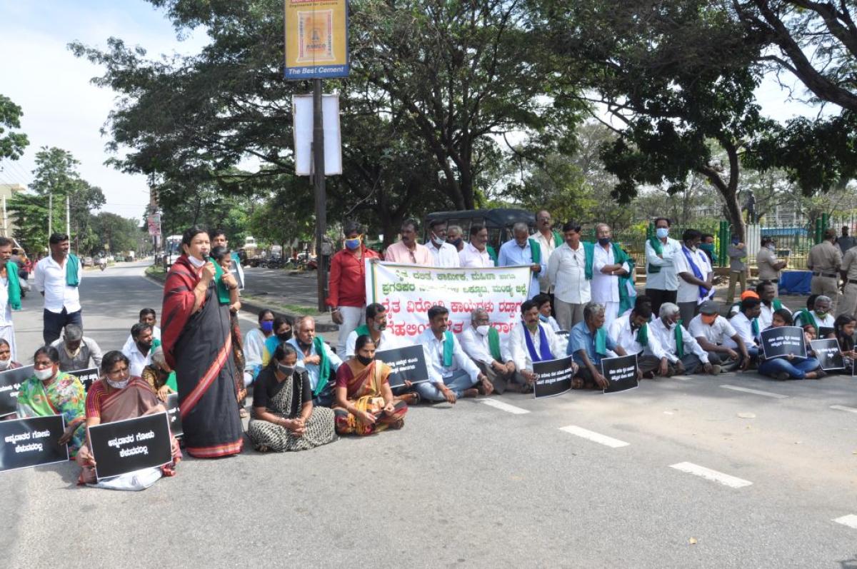 Members of various organisations and farmers stage a protest at Sir M Visvesvaraya statue, blocking Mysuru-Bengaluru highway in Mandya on Tuesday. DH PHOTO