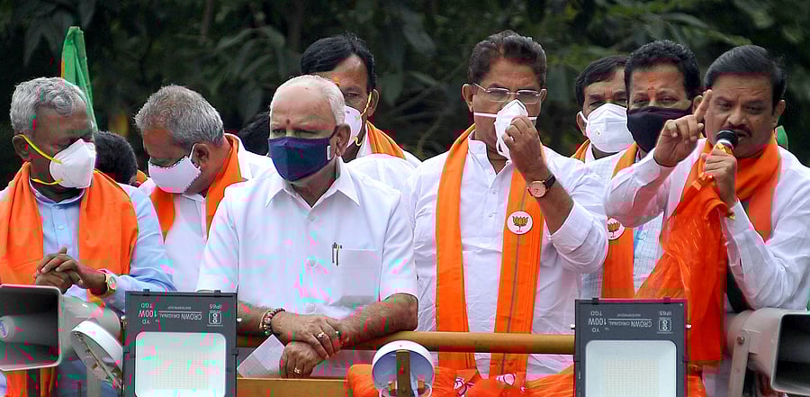 Chief Minister BS Yediyurappa, Revenue Minister R Ashoka along with senior BJP leaders campaign for RR Nagar BJP candidate Munirathna at Nagarabhavi. Credit: DH File Photo