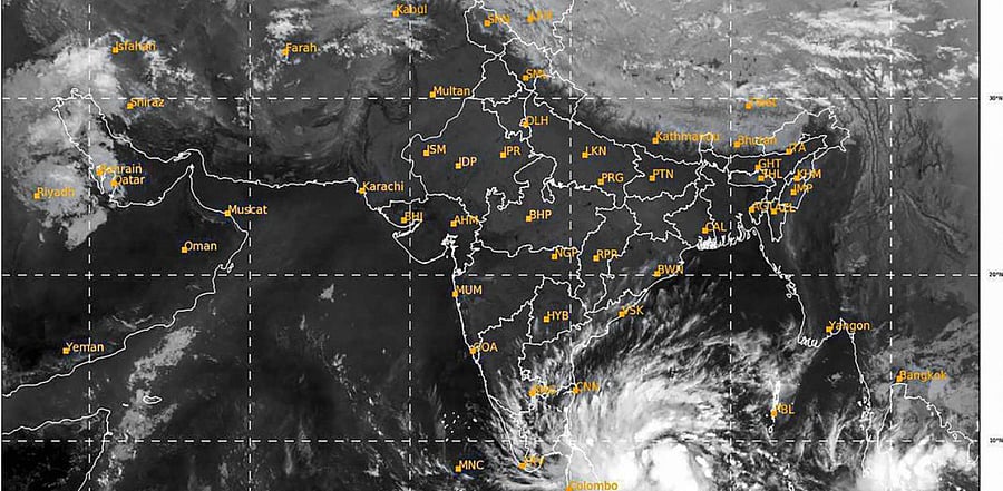 Deep depression in the Bay of Bengal, which is likely to intensify further into a cyclonic storm. IMD has issued a cyclone alert for South Tamil Nadu and South Kerala coasts. Credit: PTI Photo