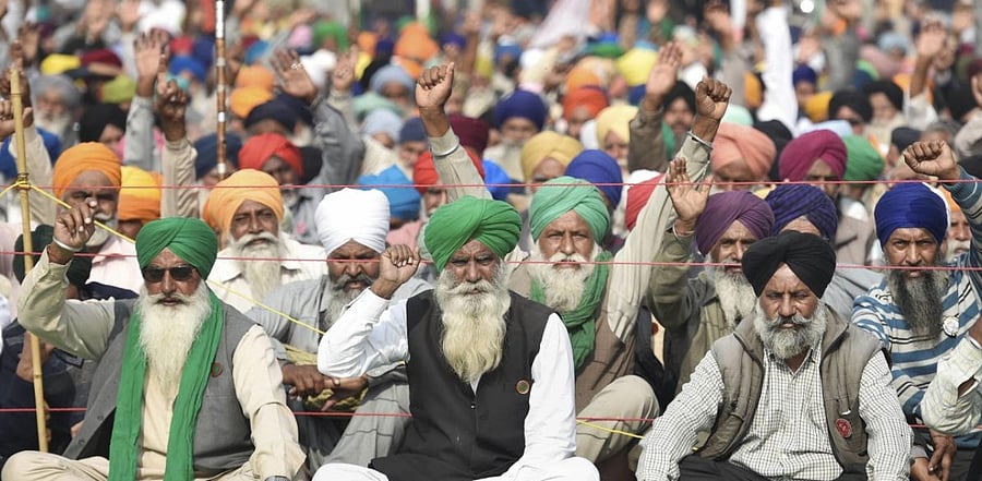 Farmers stage a protest at Singhu border during their 'Delhi Chalo' march against the Centre's new farm laws, in New Delhi, Tuesday, Dec. 1, 2020. Credit: PTI Photo
