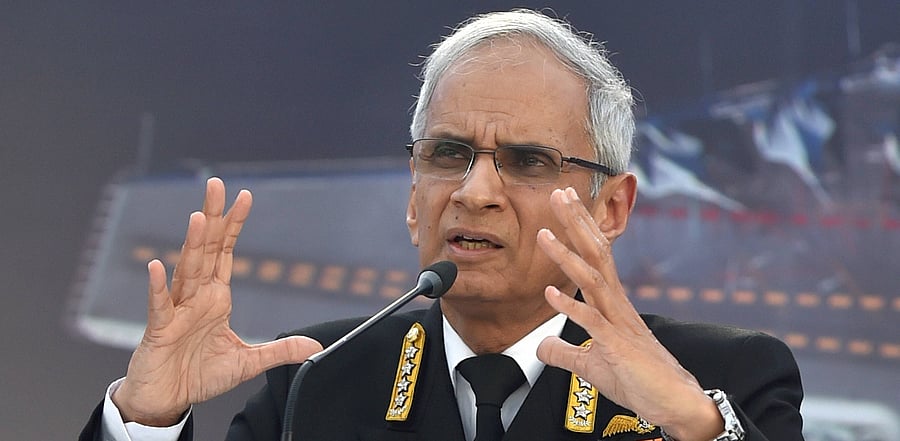 Navy Chief Admiral Karambir Singh addresses a press conference on the eve of Navy Day, in New Delhi. Credit: PTI Photo
