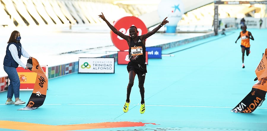 Kibiwott Kandie of Kenya breaks the Men’s Half Marathon World Record during the Valencia Marathon on December 06, 2020 in Valencia, Spain. Credit: David Ramos/Getty Images.