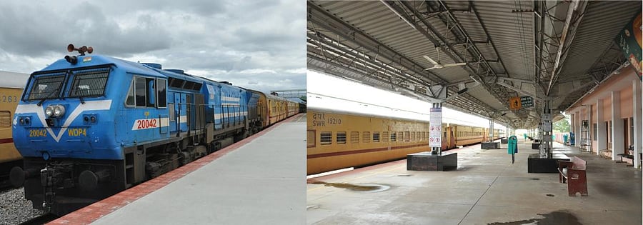 Tirupati Express train that reached Chamarajanagar railway station, on Monday. The railway station wore a deserted look. DH PHOTO