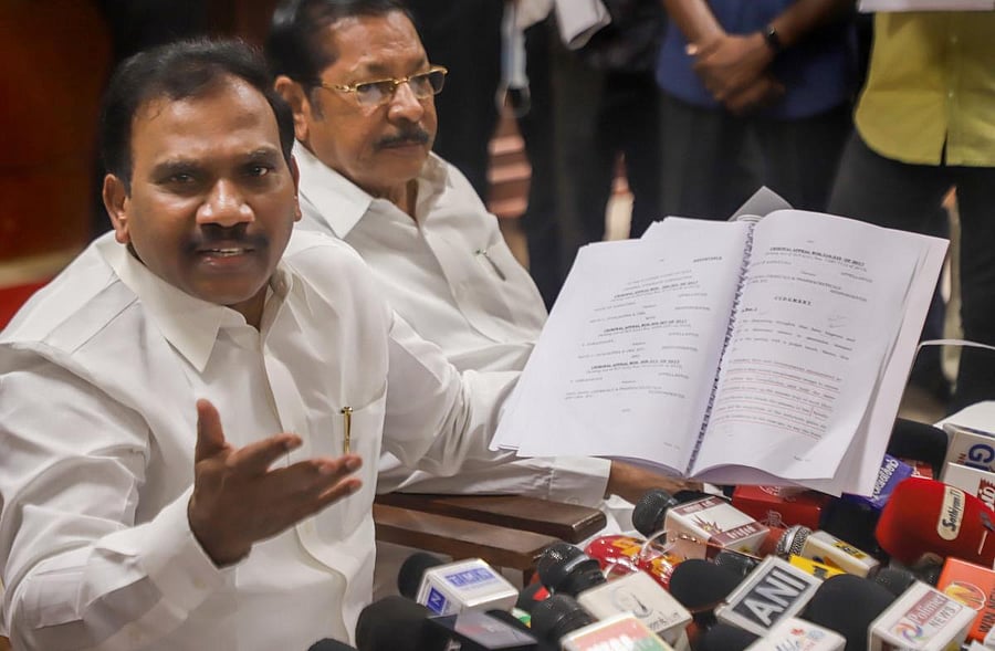 DMK leader A Raja addresses a press conference, in Chennai. Credit: PTI photo.