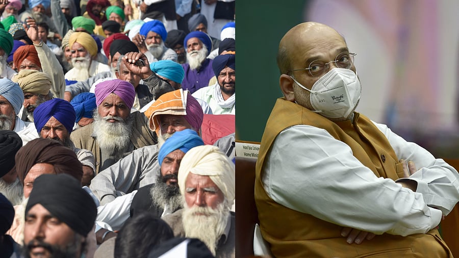 (L) Farmers at the Singhu border during 'Delhi Chalo' protest against the new farm laws, (R) Home Minister Amit Shah. Credit: PTI Photo