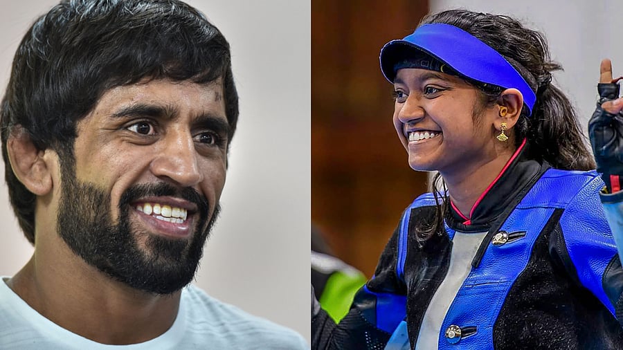 World Wrestling Championships medal winning wrestler Bajrang Punia and Indian shooter Elavenil Valarivan. Credit: PTI Photo