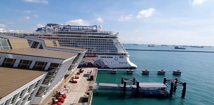 Royal Caribbean's Quantum of the Seas cruise ship, after it docked at Marina Bay Cruise Center after a passenger tested positive for Covid during a cruise to nowhere, in Singapore. Credit: Reuters Photo