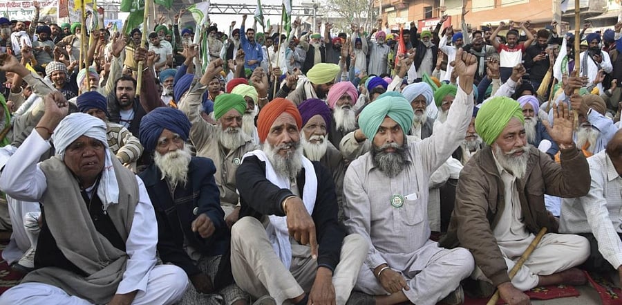 Maskless Farmers protesting in Tikri. Credit: PTI Photo