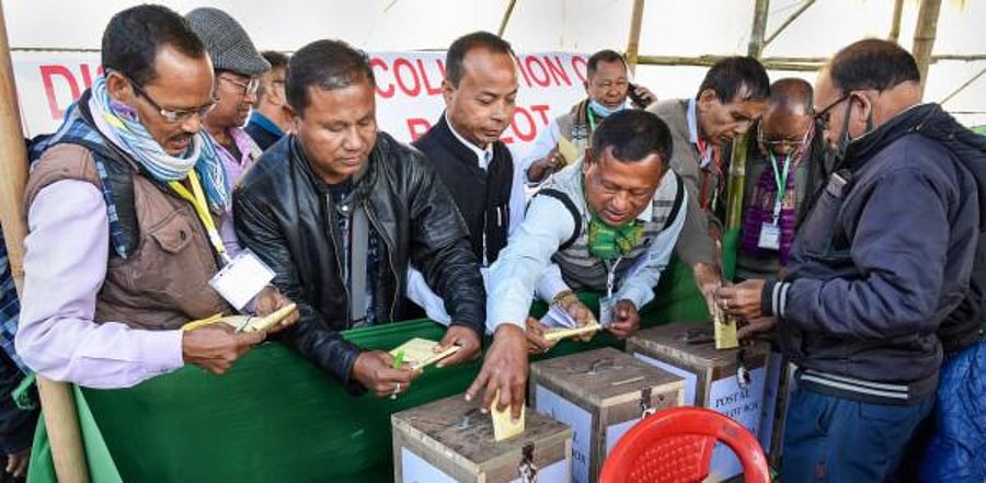 Presiding and polling officers cast their votes through postal ballot on the eve of Bodoland Territorial Region (BTR) election 2020. Credit: PTI